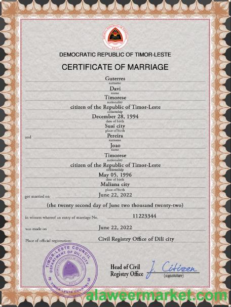 Timor-Leste marriage certificate PSD template